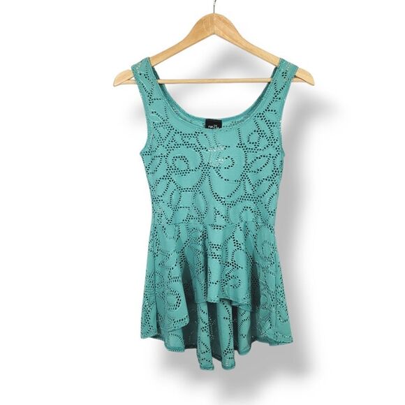 Vintage 90's Y2K Rue 21 High Low Open Knit Peplum Sleeveless Top in Turquoise - Picture 1 of 8